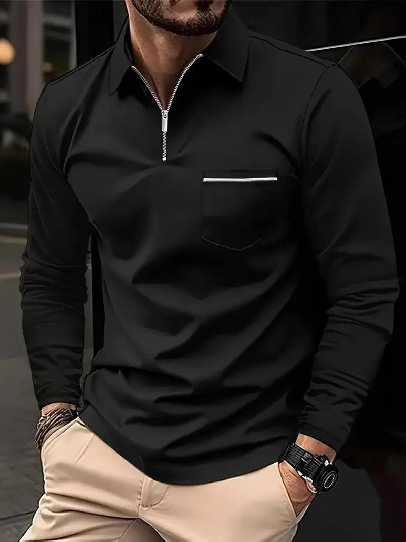 Men's Long Sleeve Polo Shirt Quarter Zip Casual Business Solid Color Pocket Pullover Tops Spring Fall