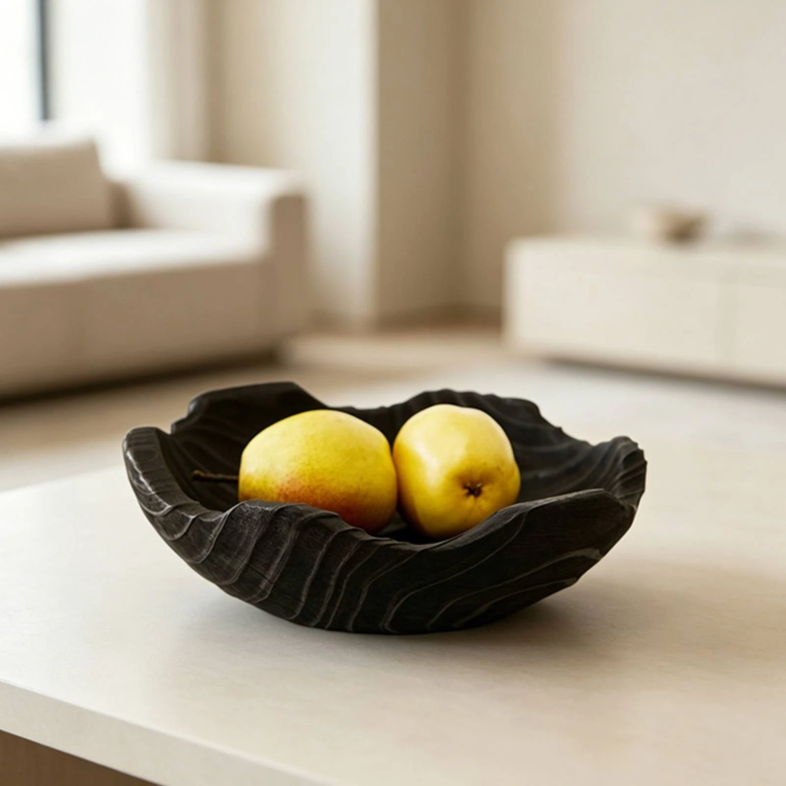 Decorative Bowl Carved Bowl with Wavy Rim Catchall Handmade Centerpiece Grooved for Coffee Table, Entryway