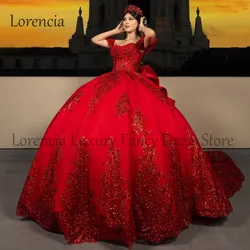 2024 Red Shiny Quinceanera Dress Ball Gown Off Shoulder 3D Flower Applique With Cap Sweet 16 Formal Vestidos 15 De XV Años