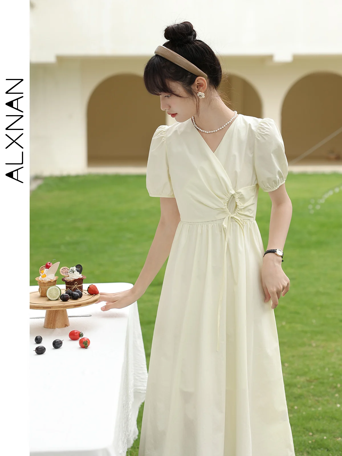 ALXNAN Puff Short Sleeve V Neck Dress Women Summer New 2024 Pleated High Waisted Elegant Fashion Sweet Solid Dresses LXN25963