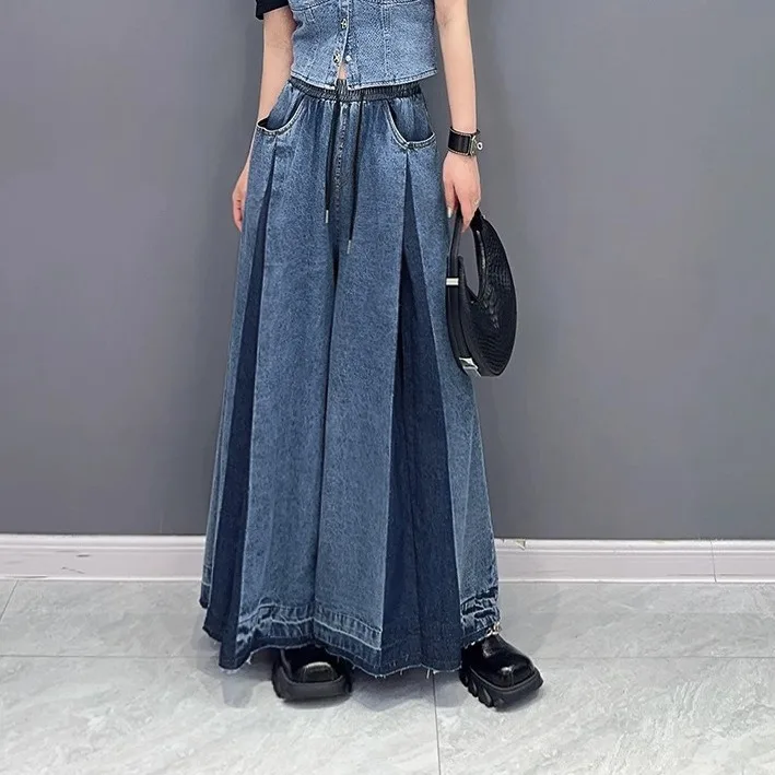 

Women Jeans Wide Leg Pants Patchwork Elastic Waist Drawstring Pockets Washed Distressed 2025 Vintage Streetwear Denims Trousers