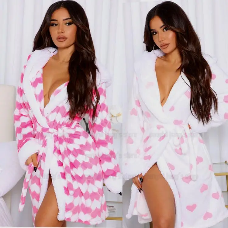 2025 Autumn Winter New Kimono Bathrobe Short Hooded Nightgown Women Warm Sleepwear Thick Flannel Shower Robes Nightwear