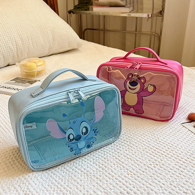 Anime Disney Cute Blue Stitch Rose Red Lotso PVC Transparent Portable Toiletry Storage Bag Large Capacity Cosmetic Bag for Girl