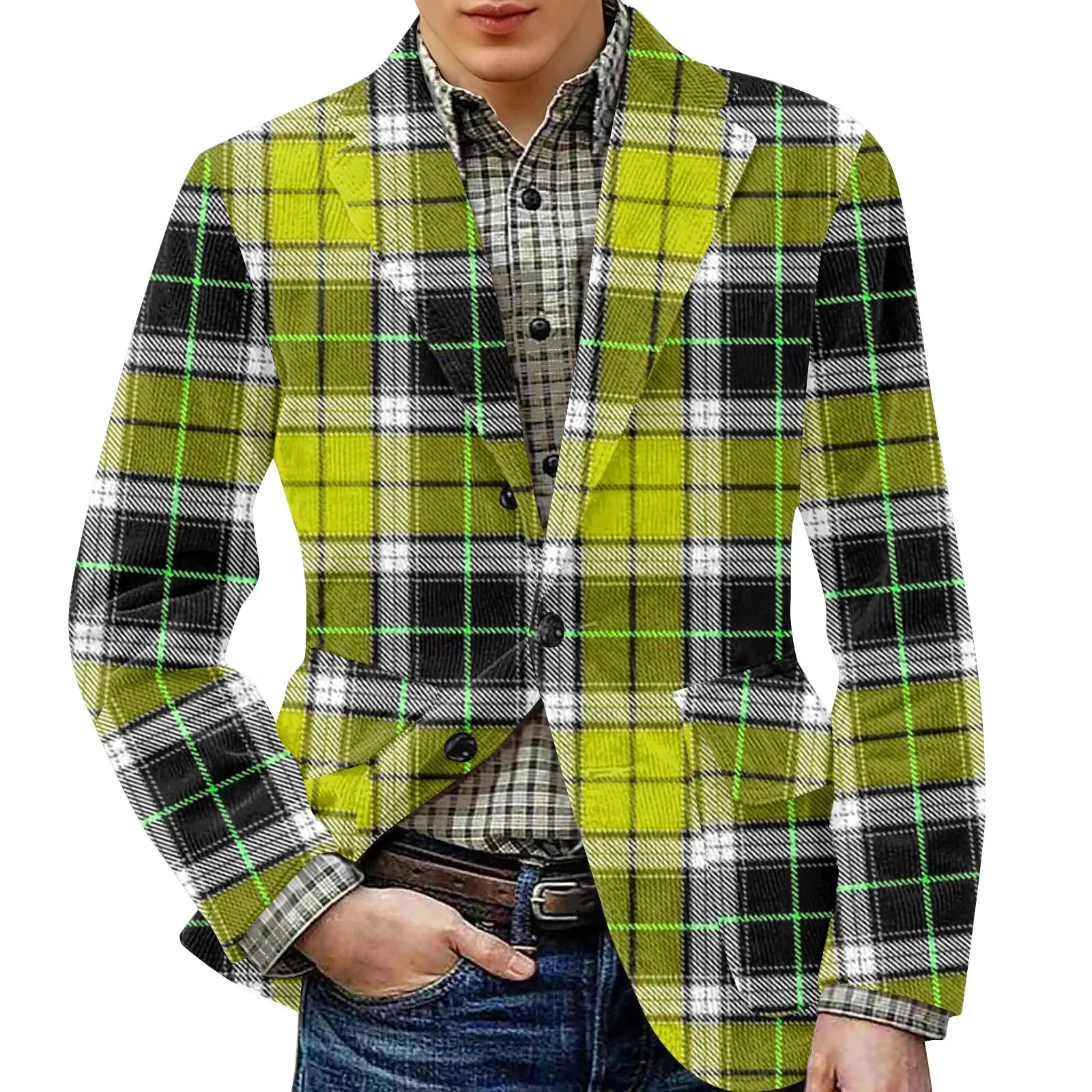 

Men'S Plaid Cardigan Buttons Casual Warm Business Jacket Suitable For Autumn And Winter Trendy Stylish Color-Blocked Design
