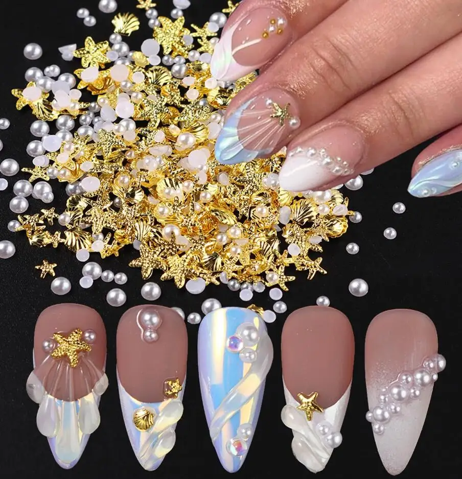 200pcs Ocean-Themed Nail Charms & Gemstones Starfish Seashell Rhinestones with Pearl Designs Nail Art Beach Vacation Nail Access