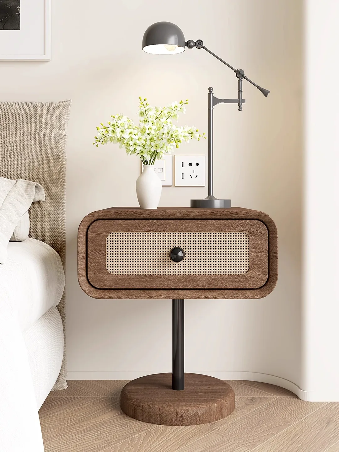 

Antique solid wood rattan bedside table single drawer hanging brand retro high-end bedroom furniture