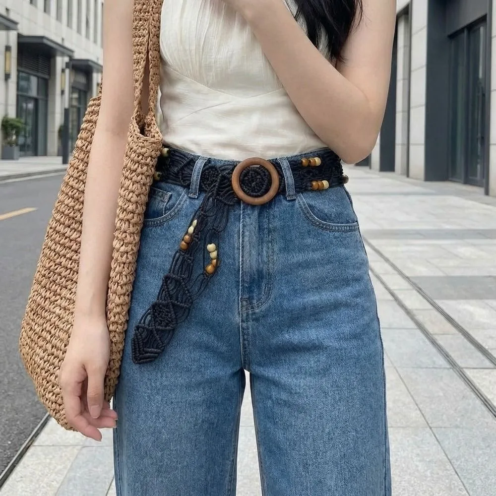 

Personality Woven Weave Belt Wax Rope Retro Ethnic Style Waistband PU Leather Round Bohemian Style Belt Jeans Decorative