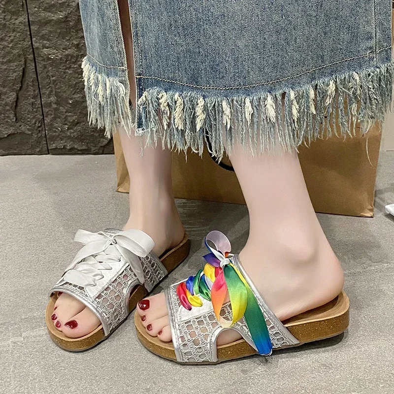 

Женская обувь, новинка 2024, женские тапочки на шнуровке, модные повседневные сандалии одного цвета, летние большие размеры, бестселлер, тапочки на плоской подошве