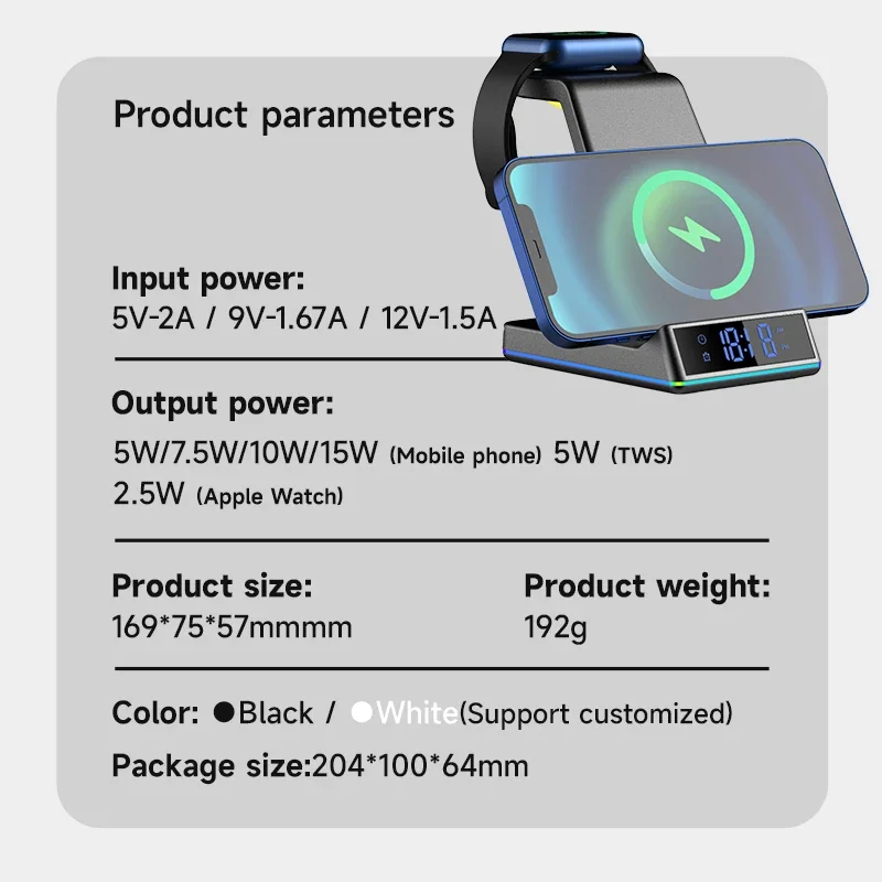 2022 Newest 5 in 1 fast alarm clock Wireless Charger Stand Cell Phone Charging Holder Portable 3 in 1 wireless charger with lamp