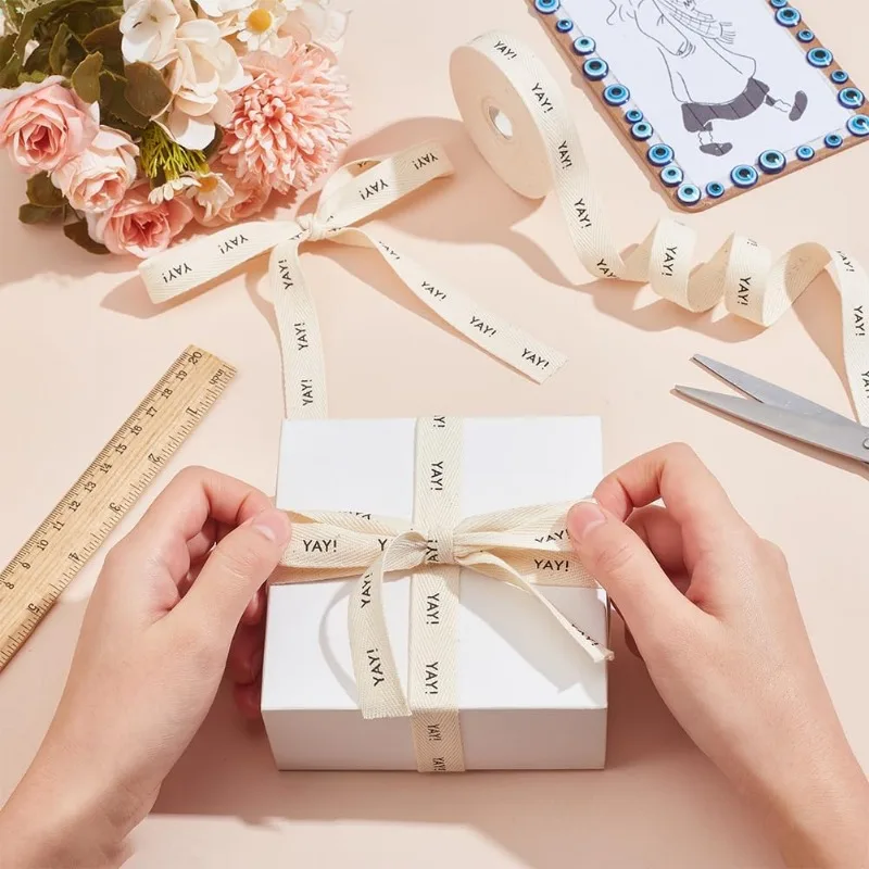 1Roll Cotton Herringbone Tape Ribbon 5/8 Inch×9.84 Yards Yay Ribbon Word Print Ribbon for Gift Wrapping Bowknot Making Birthday