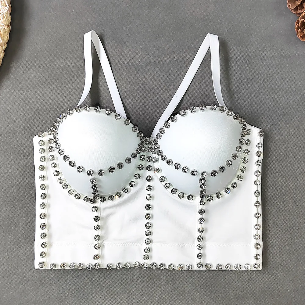 2023 New Sexy Diamonds Fishbone Camisole Female Gathered Bustier Bra Party Night Club Cropped Tops Performance Clothing Y921