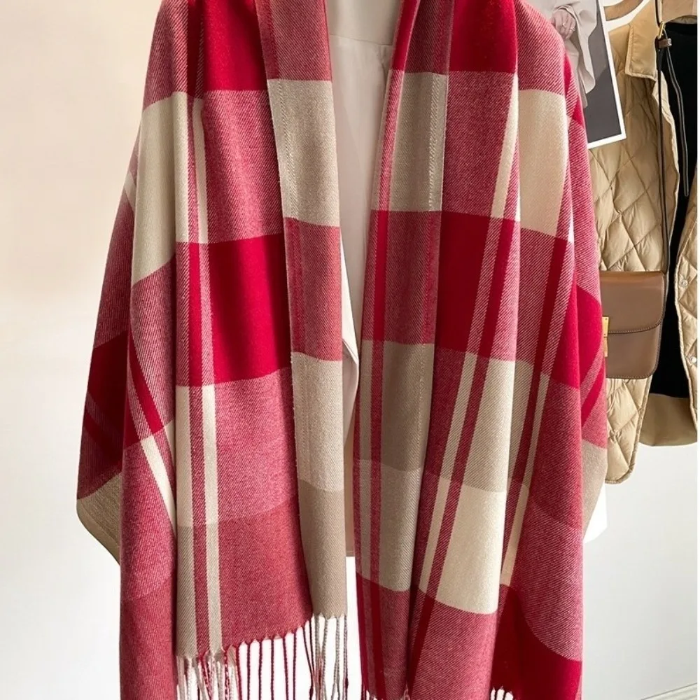 

Simple Windproof Plaid Scarf Thick Tassel Imitation Cashmere Shawl Long Keep Warm Shawl Wrap Gift