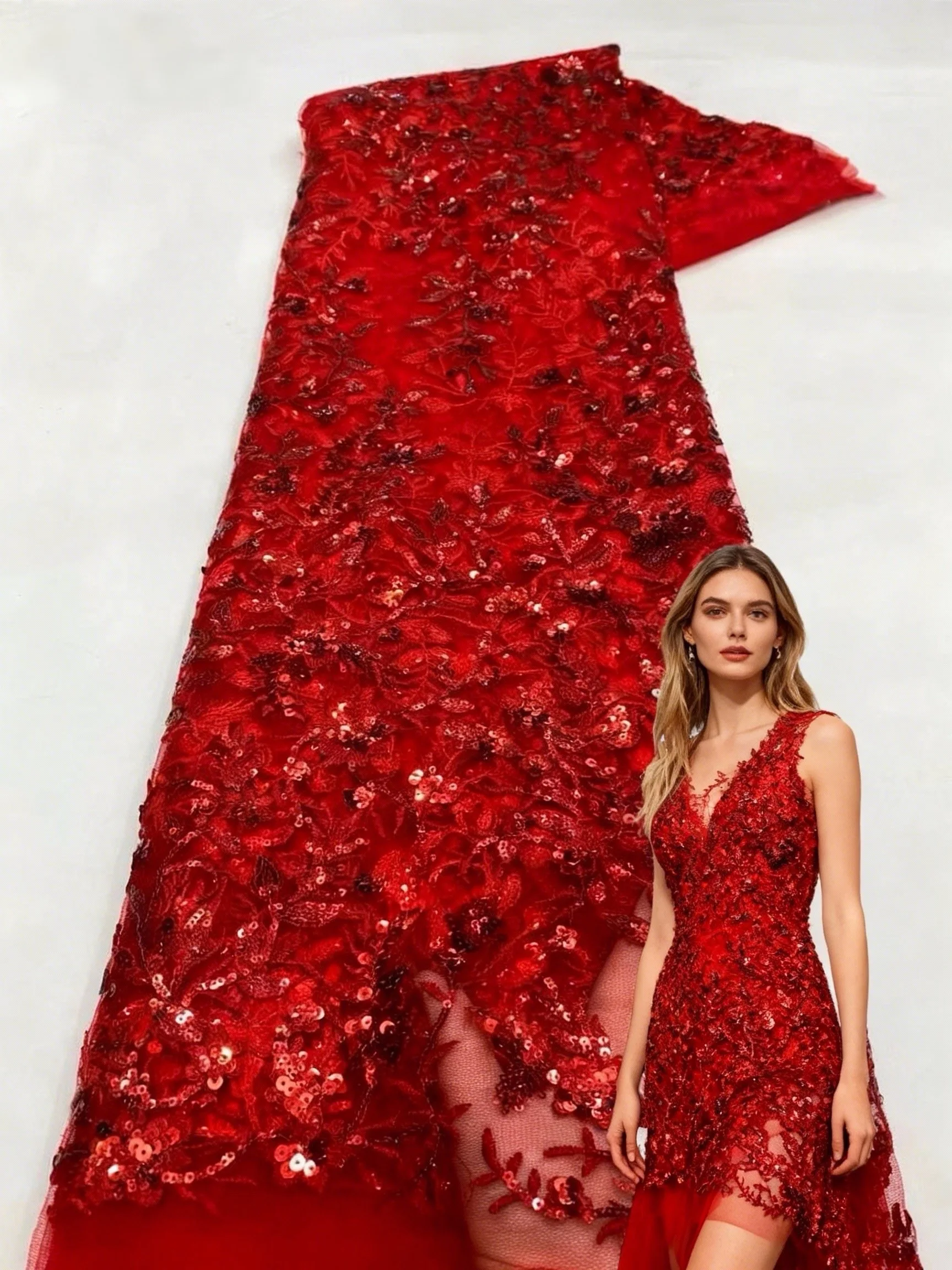 

Красная кружевная ткань с вышивкой, 5 ярдов, тюль, кружевная ткань, африканская ткань, 2026, высокое качество, нигерийское кружево, французская ткань с блестками для вечеринки