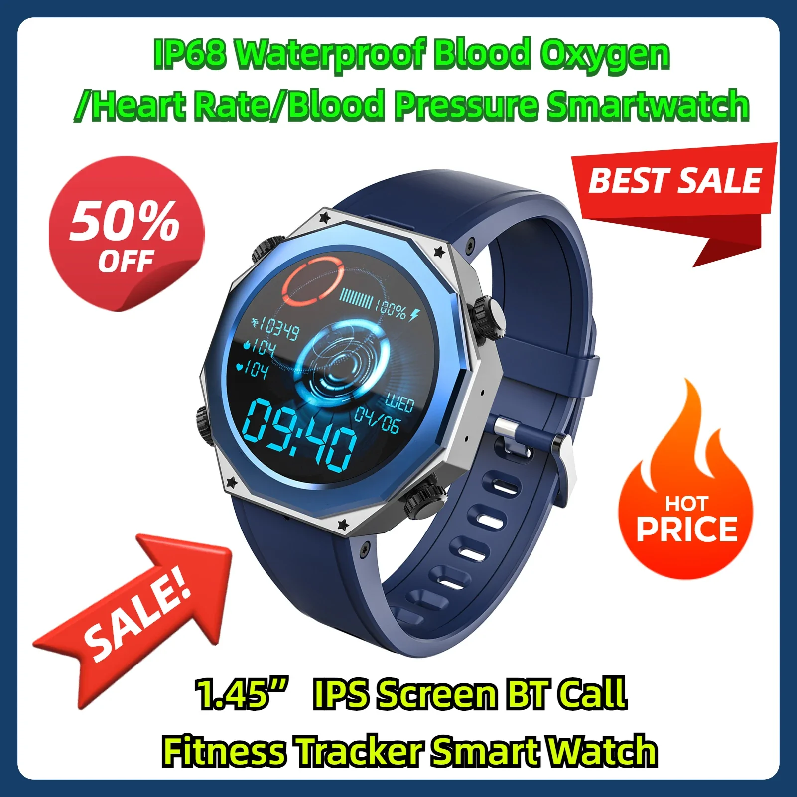 

IP68 Waterproof Blood Oxygen/Heart Rate/Blood Pressure Smartwatch 1.45” IPS Screen BT Call Fitness Tracker Smart Watch