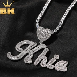 THE BLING KING Baguettecz Heart Bail Custom Brush Cursive Letter Name Pendant Necklace Iced Out CZ Best Gift Hiphop Jewelry