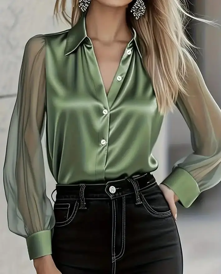 Damen-Hemd 2025, neues Herbst-Licht-Luxus-High-End-Langarm-Vielseitiges Satin-Hemd, einfaches Pendler-Elegantes Hemd für Frauen