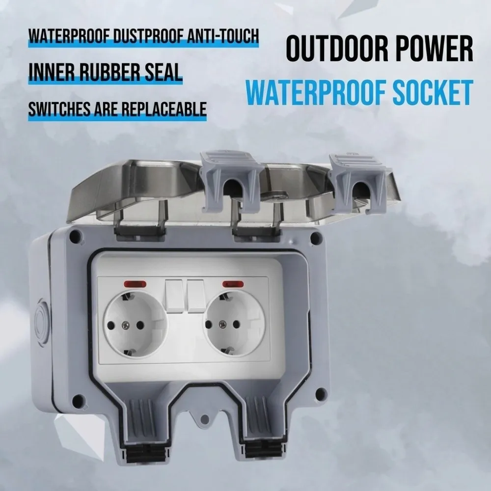 IP66 Waterproof Socket Box PC Material 16A Outdoor Wall Socket Wall Mount Multiple Cable Entry Holes Weatherproof Socket