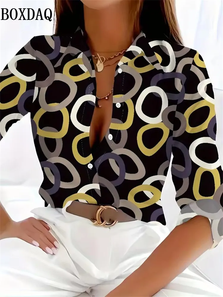 Chemisier rayé à motif imprimé en 3D, chemise décontractée à manches longues pour femmes, élégante, mode de bureau, ample, chemise à revers quotidienne pour femmes