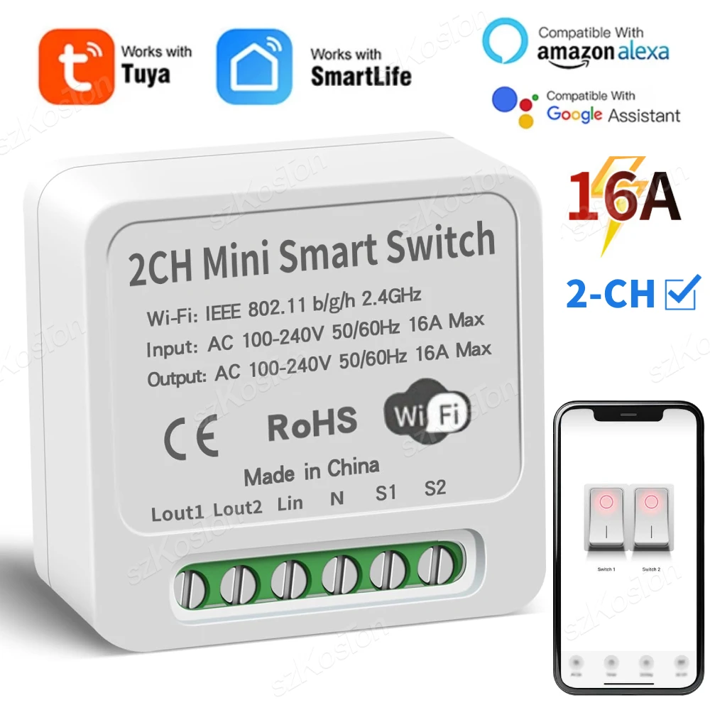 16A Tuya WiFi Smart Switch Module 2CH Smart Home MiNi DIY Light Breaker Timer Voice Control Works with Alexa Google Home