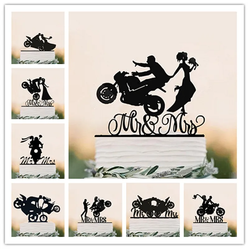 Funny Style Motorcycle Couple Wedding Cake Topper Acrylic Bride And Groom Cake Toppers Anniersary Engagement Decoration