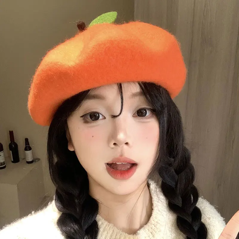 Autumn Ladies Cashmere Beret Cap Kawaii Orange Lemon Apple Shape Caps Girl Women's Sweet Breathable Winter Hats Christmas Gift view 2
