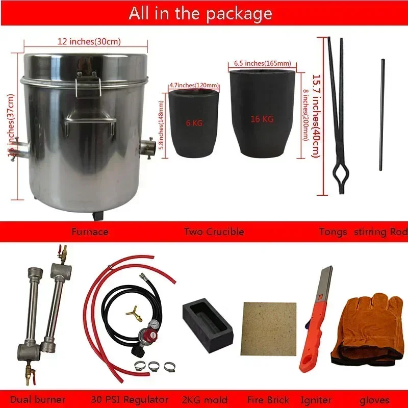 لـ 16 كجم مجموعة فرن صهر المعادن الغازية الكبيرة 2642 ° F/1450 ° C البروبان فورج المزدوج الموقد 2 بوتقة مسبك فرن المنزل الصب