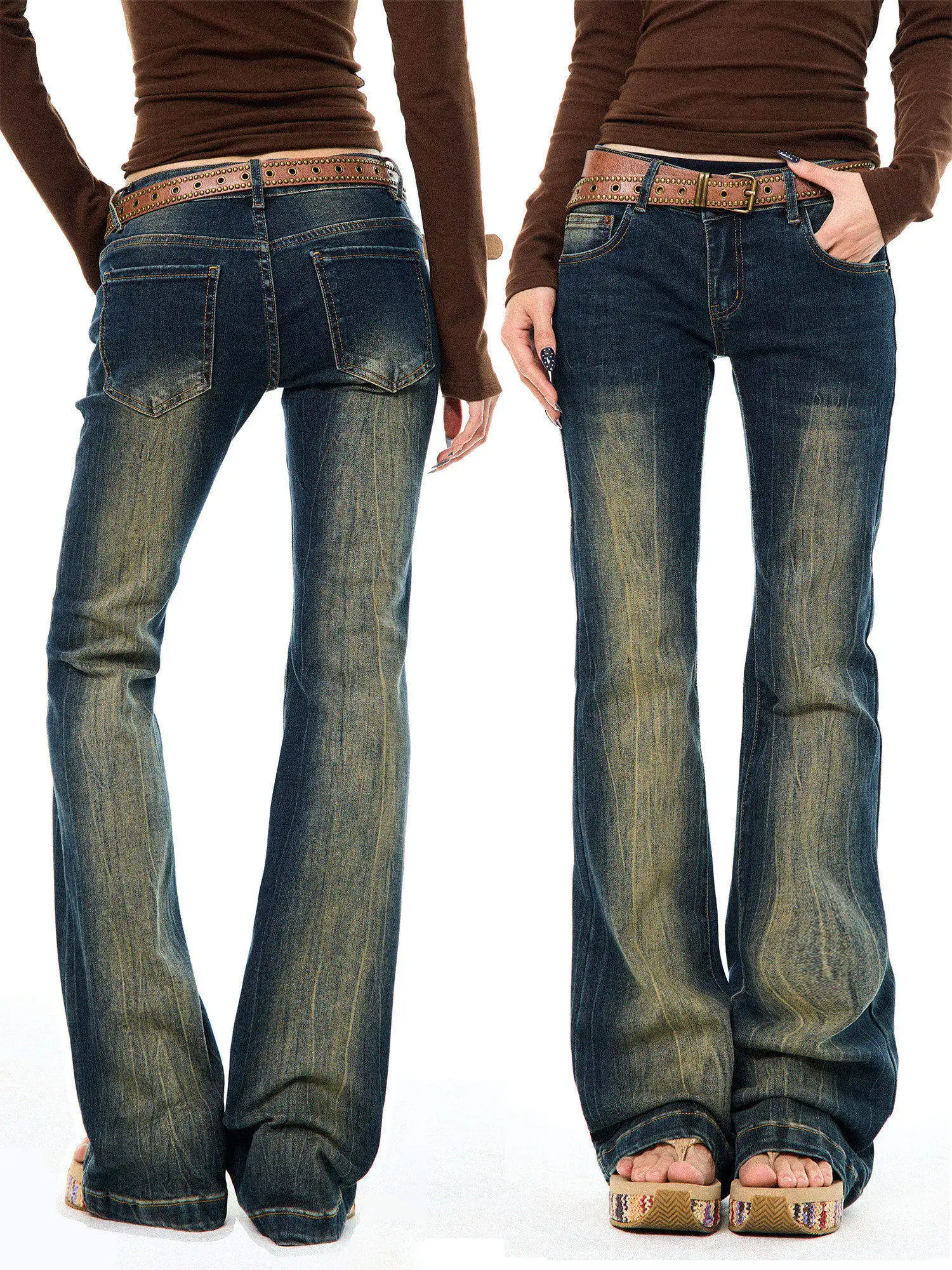 

American Sle Vintage Waed Bell Bot Jeans Women Slimming Long Casual Pants Blue Cotton Polyester Spandex Blend