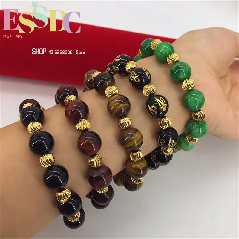 Natural 12mm Green Onyx Beads  Imitation Vietnamese Sand Gold Jewelry Lucky Golden Pixiu Charm Men's DIY Stone Bracelet