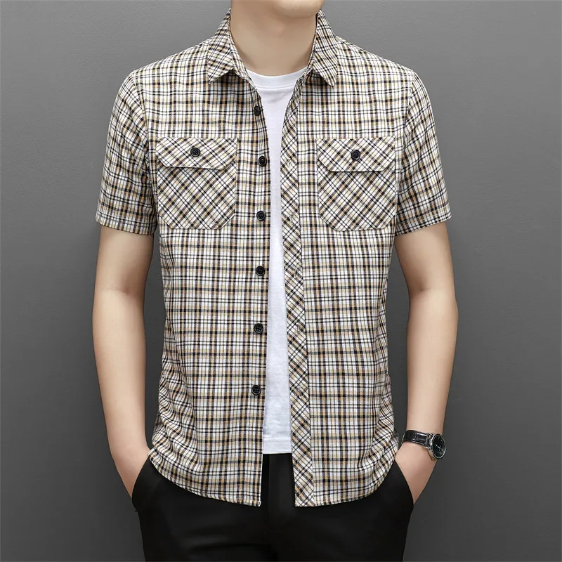 New Summer Trendy Men's Short-sleeved Plaid Shirt Fashionable Double Pocket T-shirt