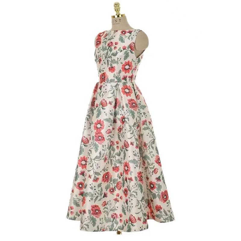 Vestido de verano de estilo Retro francés con estampado Floral, cuello redondo, cintura delgada, largo medio, gran Swing, línea A, 2024