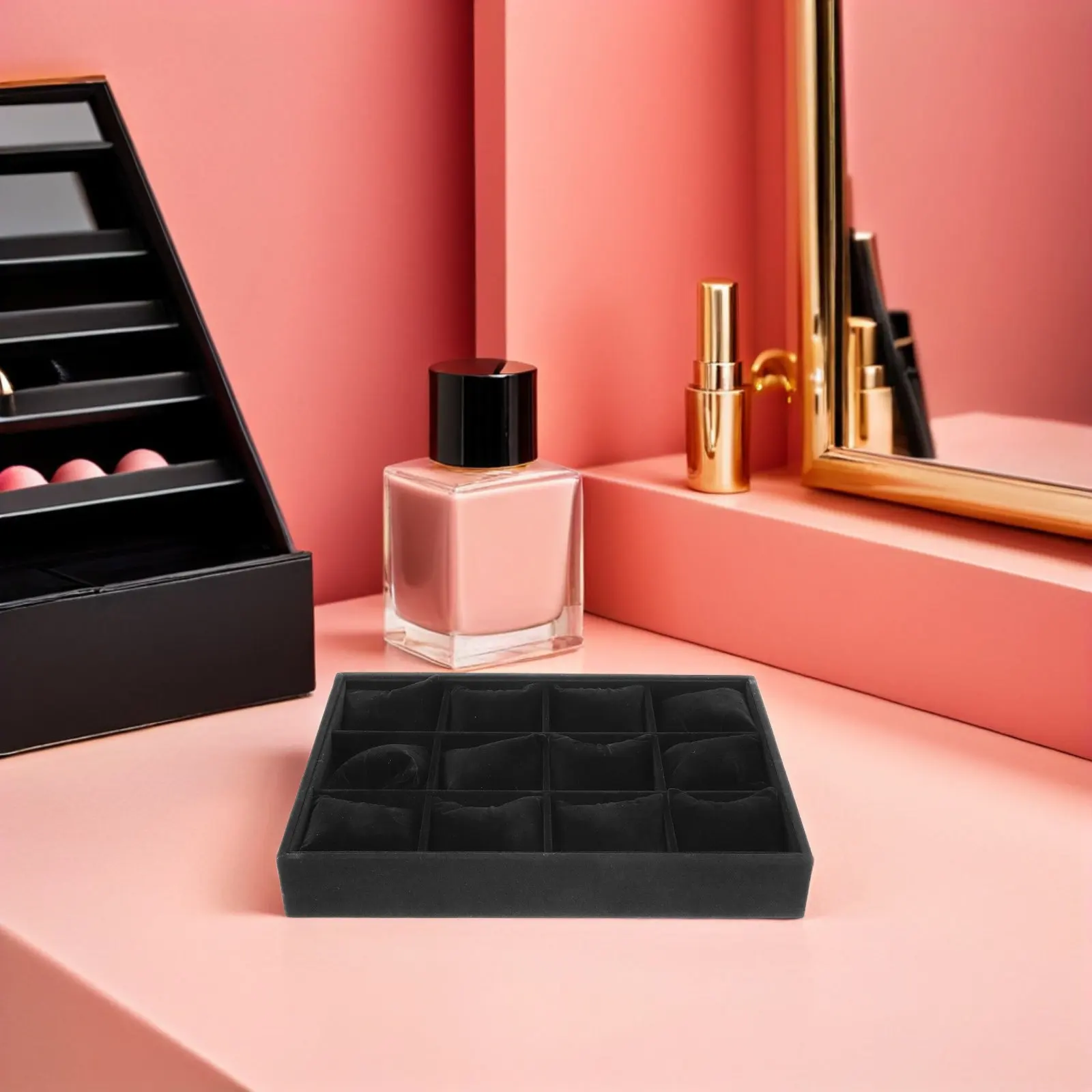 2Pcs Watch Organizer Tray Black Soft Grid Design 12 Slots Jewelry Storage Display for Bracelets Watches Accessory Tray