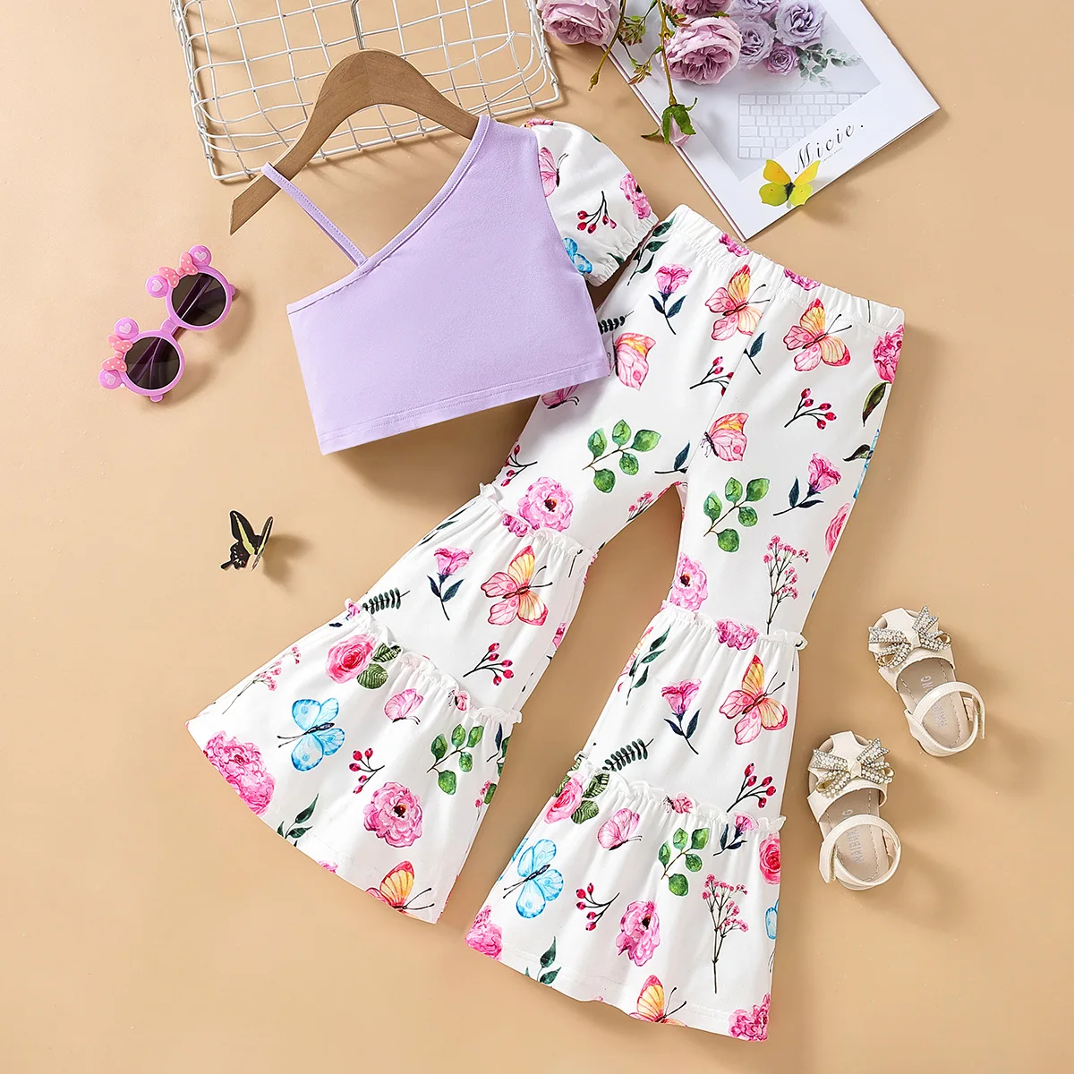 

Girls' off-shoulder camisole top with floral print flared pants two-piece set new style children's clothing girls summer suit