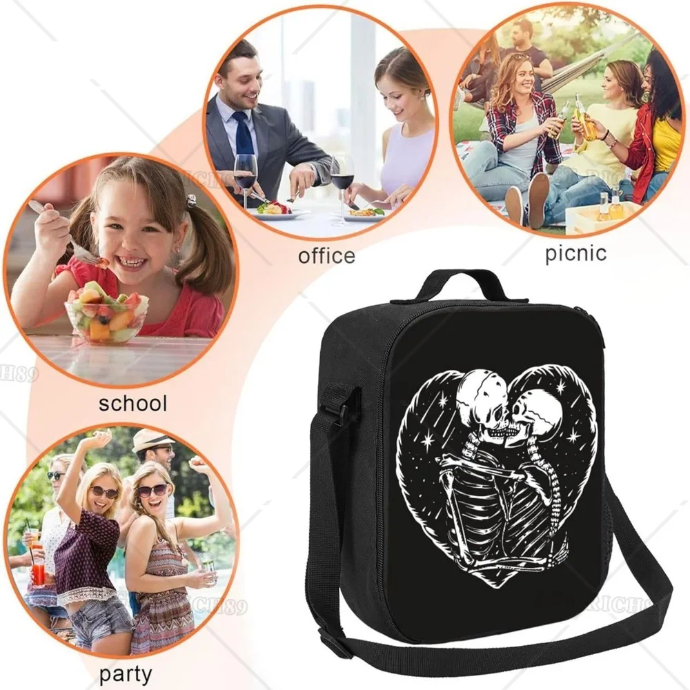 Skull Skeleton Love Kissing borse da pranzo nere per donna uomo borsa termica riutilizzabile isolata per la pesca in spiaggia da Picnic sul lavoro