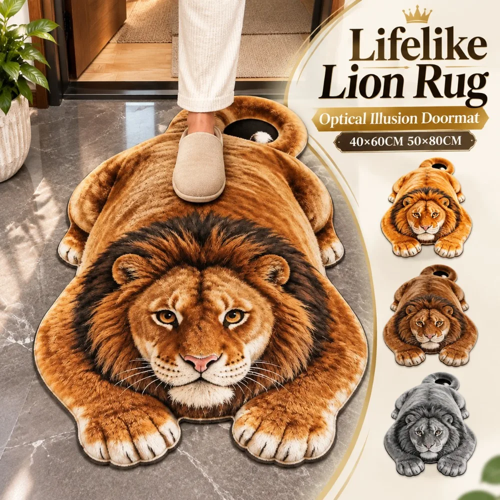 Lion Shape Optical Illusion Doormat Lifelike Multiple Sizes Bedside Rug Water-absorbing Abrasion-resistant Bedroom Floor Mat