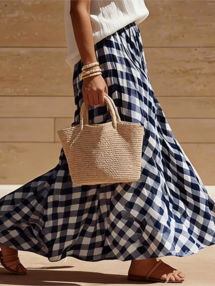 Elastic New Retro Plaid All-match Beach Skirt Skirt Long Skirt Large Swing Skirt Spring And Summer Fashion Casual Loose Skirts
