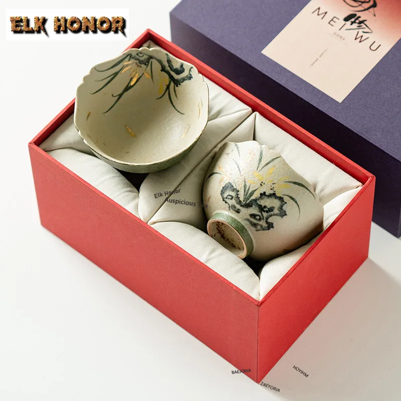 2pc/set Hand-painted Ink Orchid Wave Pattern Teacup Japanese Tea Bowl Tea Pair Tea-tasting Smelling Cup Jianzhan Master Cup Gift
