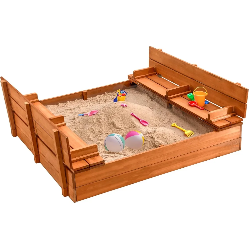 

Large Wooden Kids Sandbox with Lid – Outdoor Sand Box for Kids with Cover Sand Protection, Foldable Bench Seats