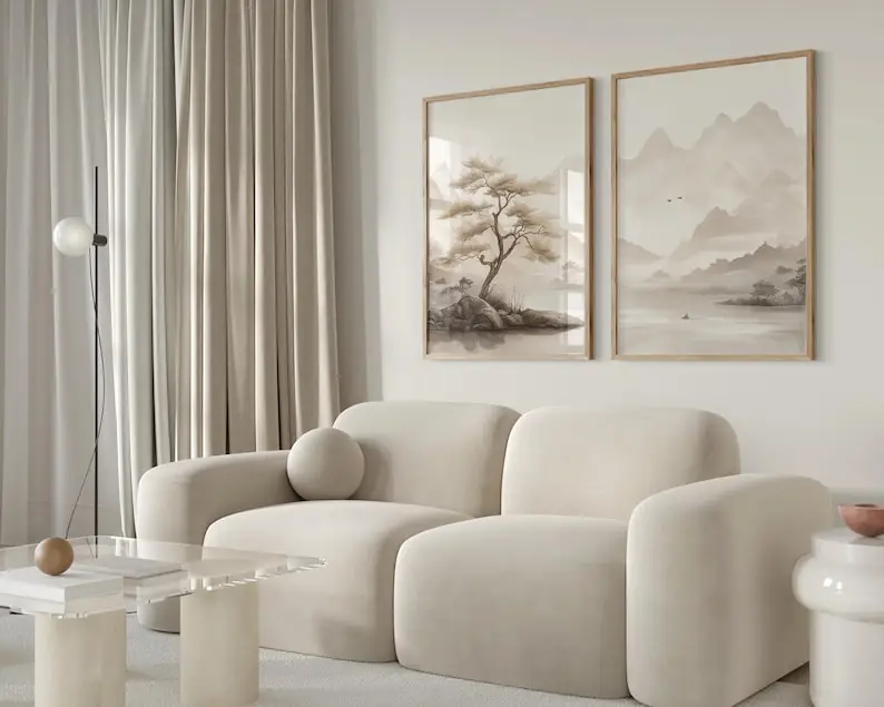 2pcs Frameless,2D Flat2pcs Retro Neutral Japandi Canvas Wall Art, Unframed Minimalist Misty Mountain Beige Solitary Tree Poster