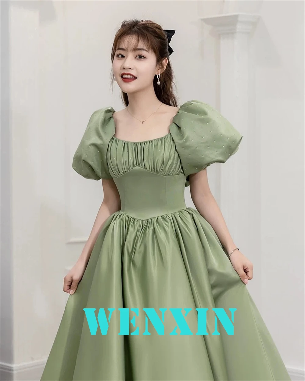 Robe De soirée en Satin vert scintillant, personnalisée, moderne, col carré, manches courtes, robes De retour, à la mode