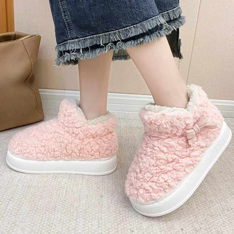 2024 Winter Warm Shoes Women Men Indoor Cotton Slippers Soft Plush Platform Sole Couples Home Street  Fluffy Footwear