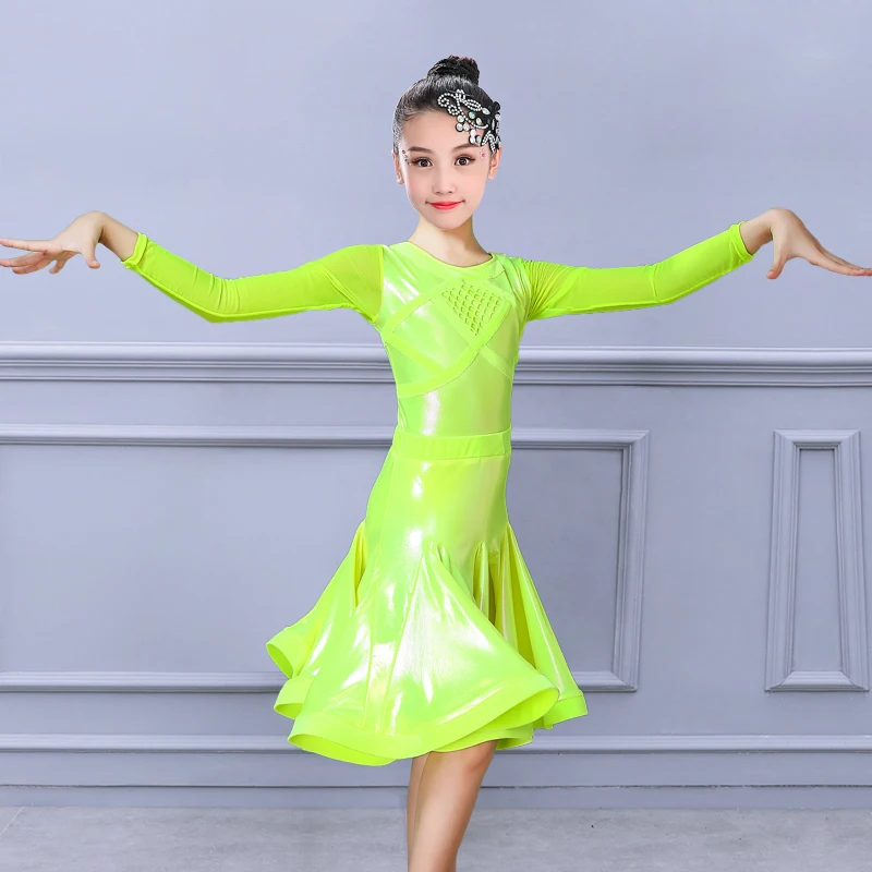 Girls Long Sleeved Latin Dance Dress Neon Patent-Leather Reflective Latin Dress Ballroom Dance Clothes For Kids Costume SL7206