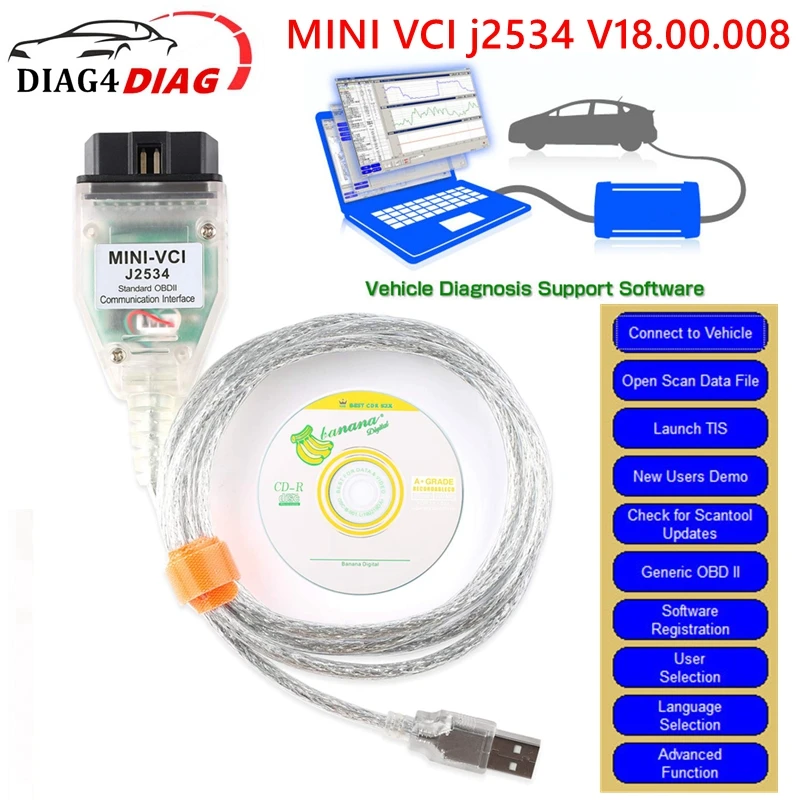 MINI VCI j2534 V18.00.008 OBD2 Car diagnostic cable For Toyota Multi-Languages OBD2 Interface Vehicle Diagnosis Support to 2022