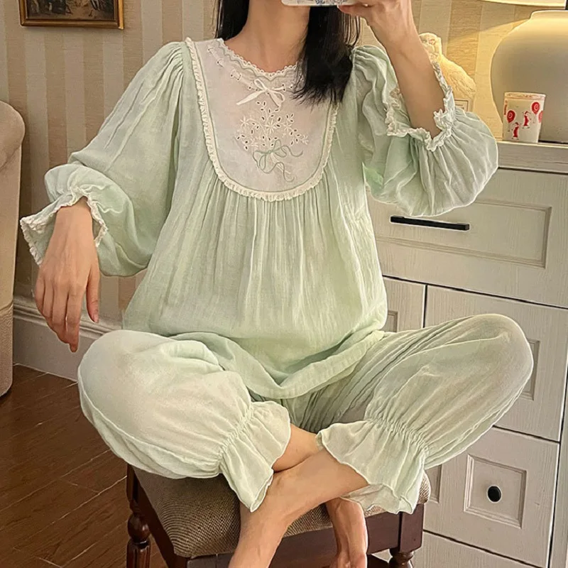 New Sweet  Cotton Women's Embroidery Pajamas Sets Soft Vintage Princess Sleepwear Suits Spring Autumn Pyjamas Girls Gifts