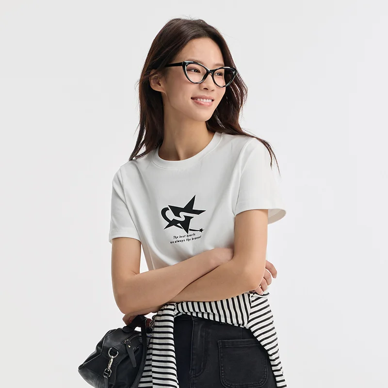 Semir Women Short-Sleeve T-Shirt Star Prints Summer Top Round Neckline Simple Trendy Streetwear Tee Top Women