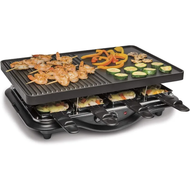 

Hamilton Beach Electric Indoor Raclette Table Grill, 200 sq. in. PFAS-Free Nonstick Griddle Serves up to 8 People, Black