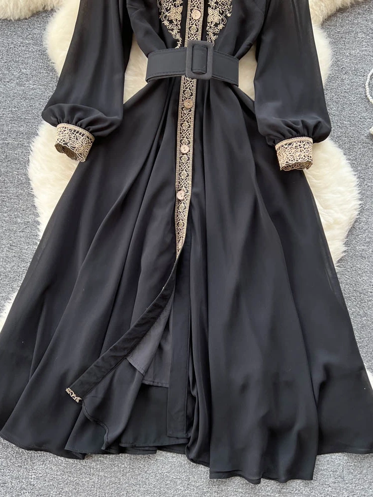 Black Vintage Dress Women Lace Long Sleeve Elegant Floral Embroidery Party Dresses Ladies Slim A-line Belt Chiffon Long Robe