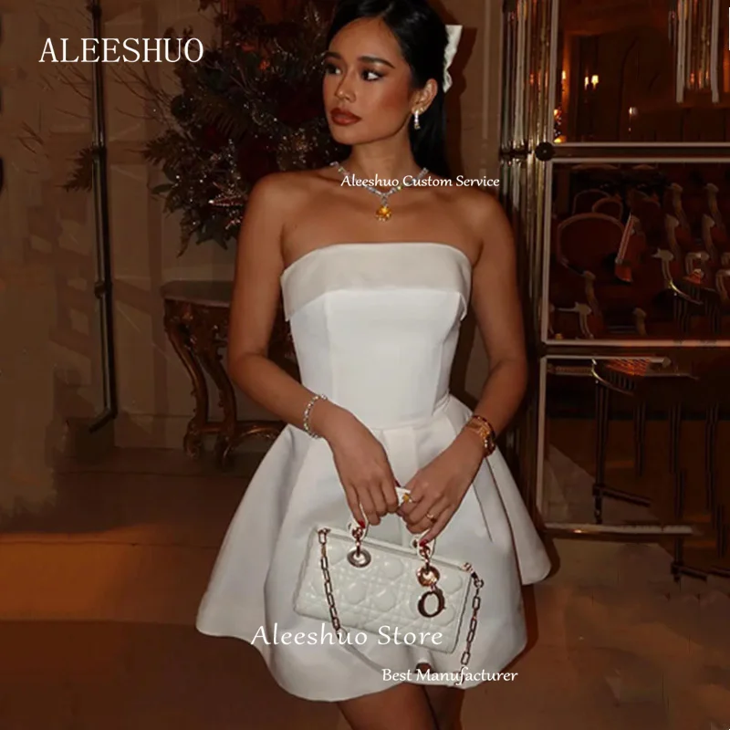 Aleeshuo Sexy White Mini A-Line Prom Dressess Sleeveless Pleat Short Evening Dress Strapless Backless Lace Up Formal Dress 2024