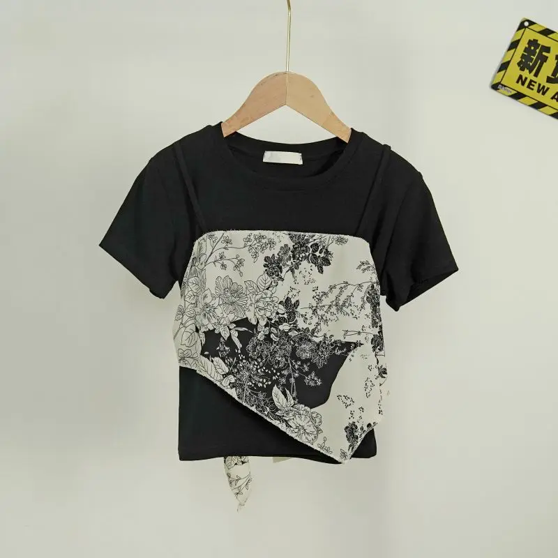 

Femme Summer Korean Simplicity Printing Color Blocking O-neck Women Clothes All-match Lacing Cotton Short Sleeve Appear Thin Top