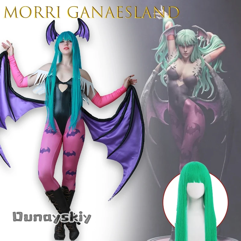 أزياء AMiccos Game Tumes النسائية على شكل قلب مجوف أزياء موريجان التأثيرية{أماندا كوس} مع أجنحة طماق Darkstalkers Succubus