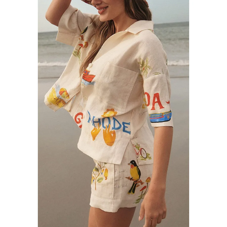 Plant Flowers Birds Printed 2 Pieces Set Women Holiday Short Sleeve Button Up V-neck Shirts Top Suit High Waist Shorts Outfits